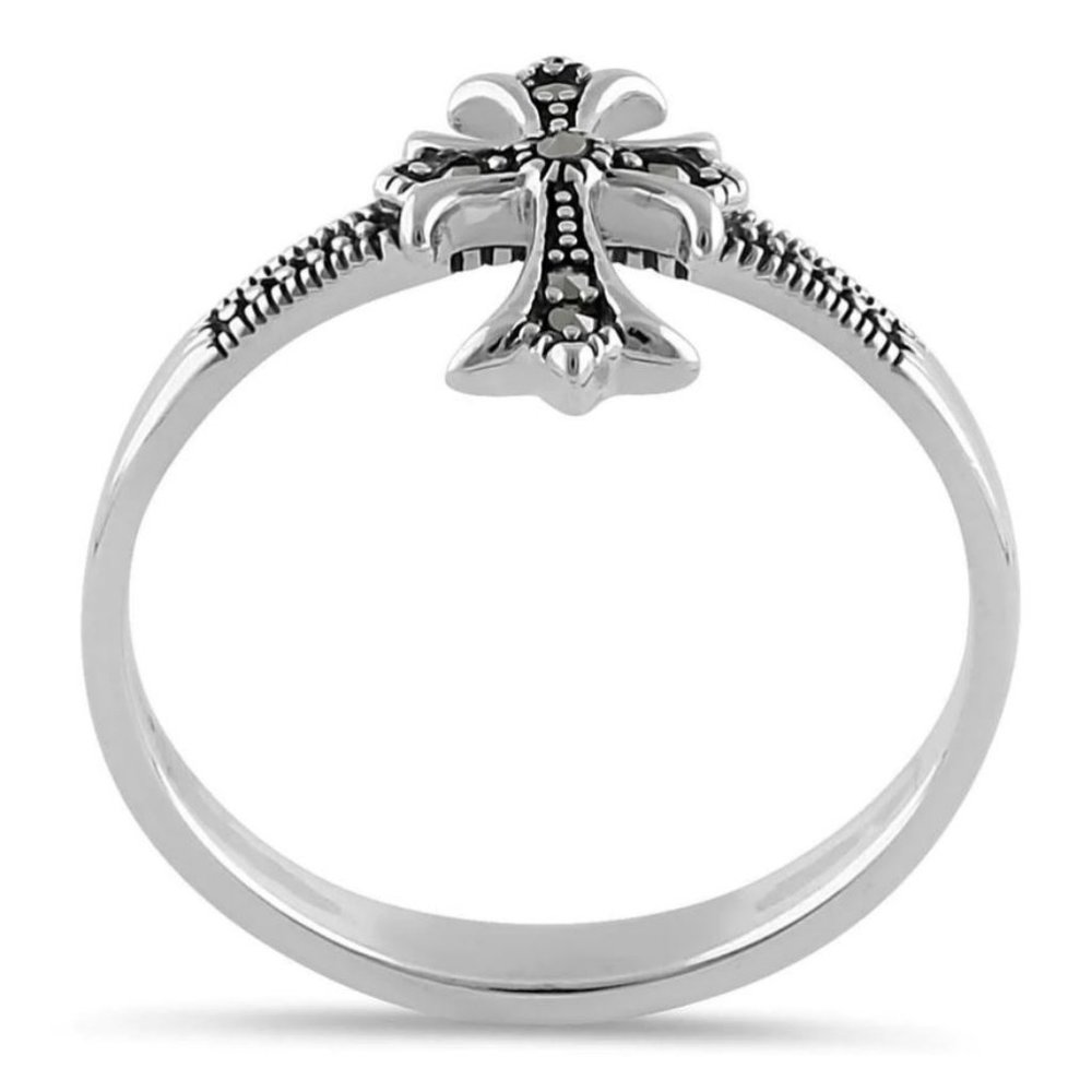 925 STERLING SILVER Dainty Medieval Cross Marcasite Ring - Picture 15 of 16
